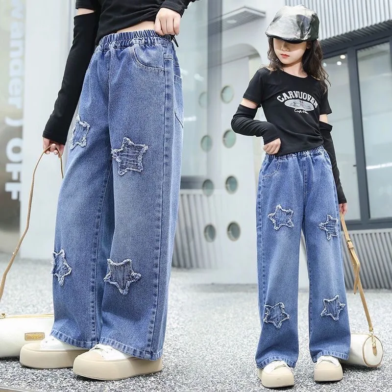 3-12 Years Girls Denim Pants Teenager Wide Leg Pants Children Trousers Spring Autumn Star Pattern Girls Jeans New Kids Clothes