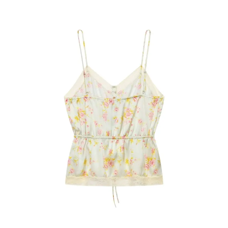 Women's Satin Top with Lace New 2026 Summer Casual V-neck Thin Straps Adjustable Waist with Tie Women Camisoles Female Chic Tops