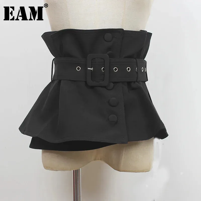 

[EAM] Black Irregular Buckle Bandage Long Wide Belt Personality Women New Fashion Tide All-match Spring Autumn 2024 1DF2113