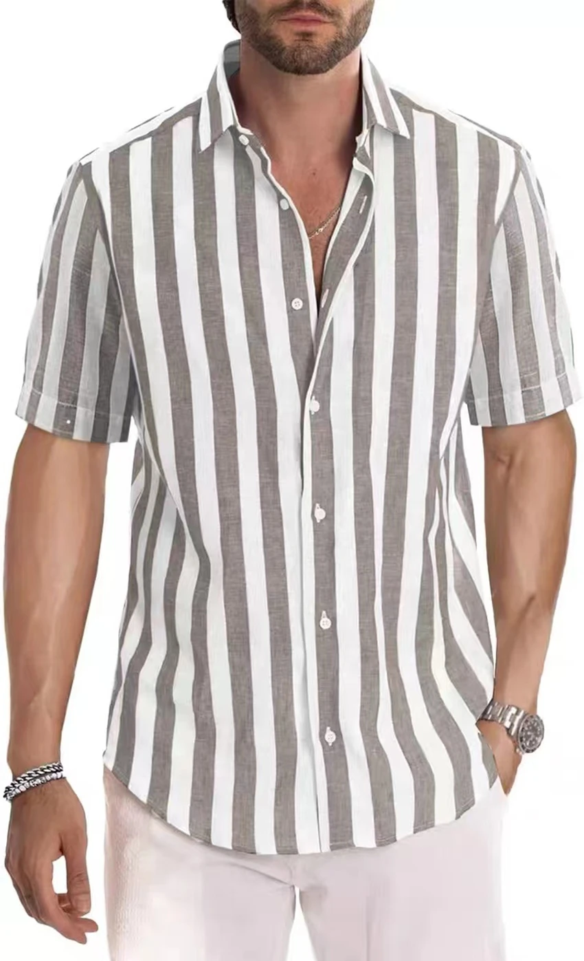 Tiki\'s new fashion men\'s short sleeved striped lapel bamboo knot linen shirt spring and autumn season shirt men\'s clothing