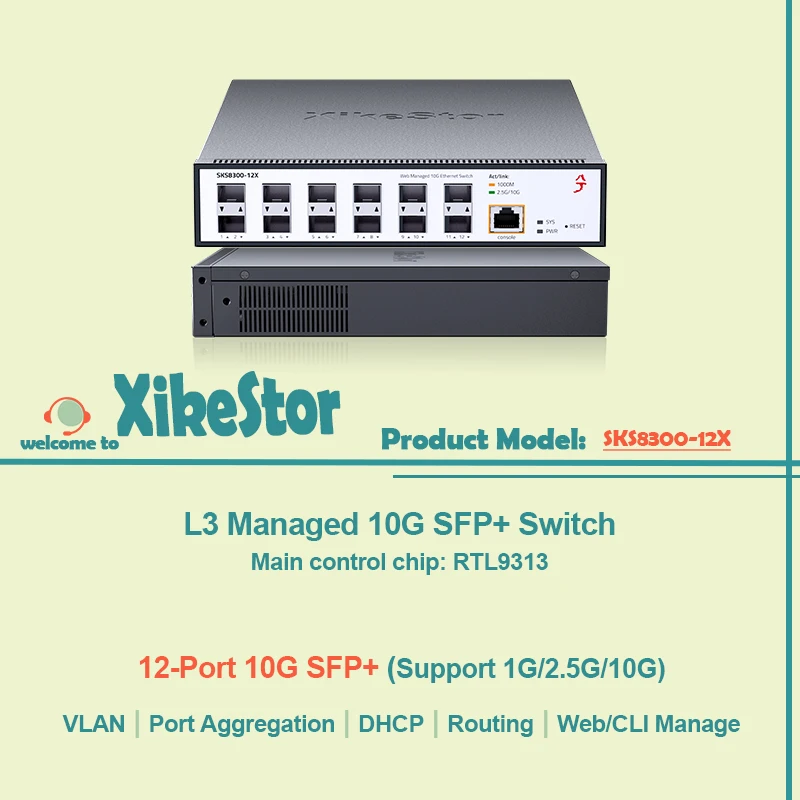 

Управляемый сетевой коммутатор XikeStor L3, 12 портов 10G SFP+, чип RTL9313, поддержка VLAN/аггрегации портов/DHCP/маршрутизации/управления через веб-интерфейс/CLI