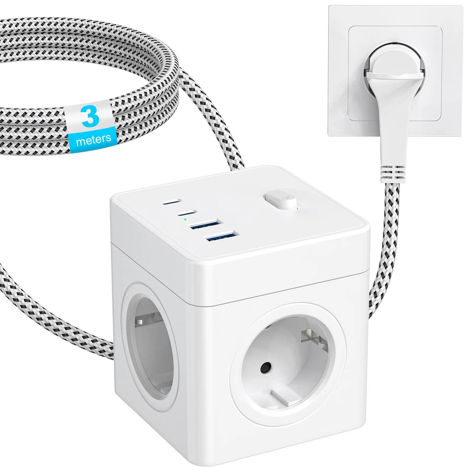 European flat plug Power Strip cube with 3/2.5 meters Braided Cable USB Wall socket Multi-function Adapter for home office