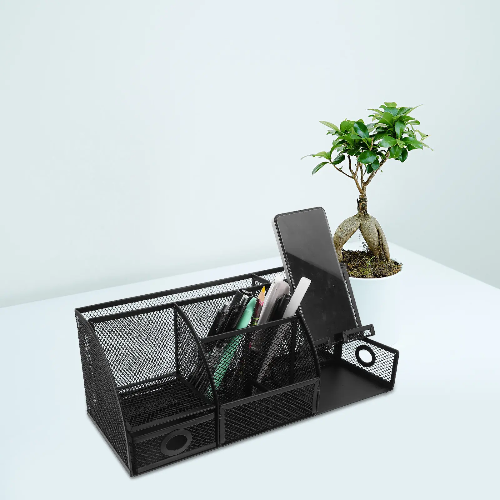 Iron Pen Holder Desktop Organizer Sleek Mesh Metal Construction Space Saving Desk Storage Box for Office School Home Stationery
