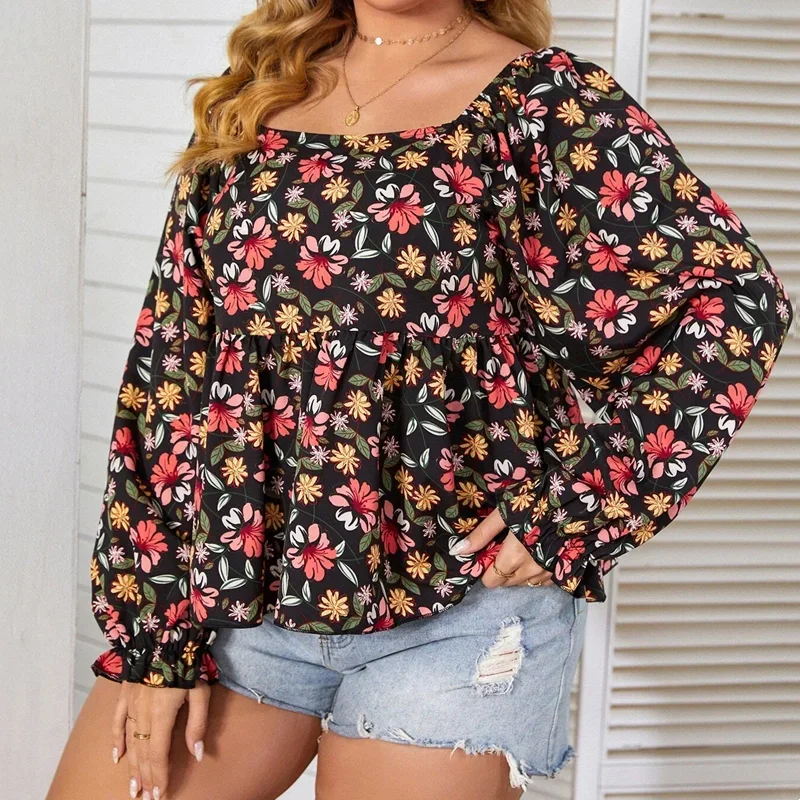 Plus Size Floral Printed Square Neck Summer Spring Elegant Peplum Blouse Women Lantern Sleeve Casual Boho Blouse Large Size 7XL