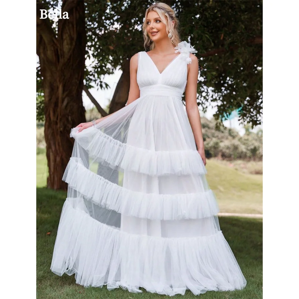 Bella Elegant White Sleeveless Prom Dresses Tulle Sweetheart Neck Back Zipper Evening Dress A-Line Floor-Lengt Wedding Dress