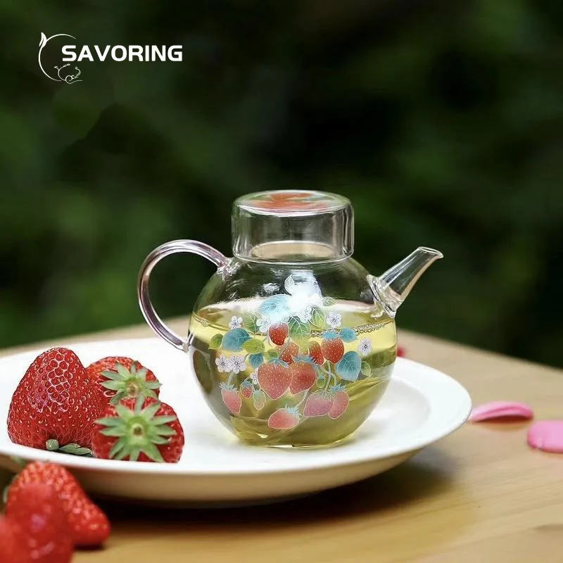 270ml Hand-printed Strawberry Bunny Round Ball Glass Kettle Hand Pot Tea Maker Tea Infuser Kung Fu Tea Set Teapot Heat Resistant