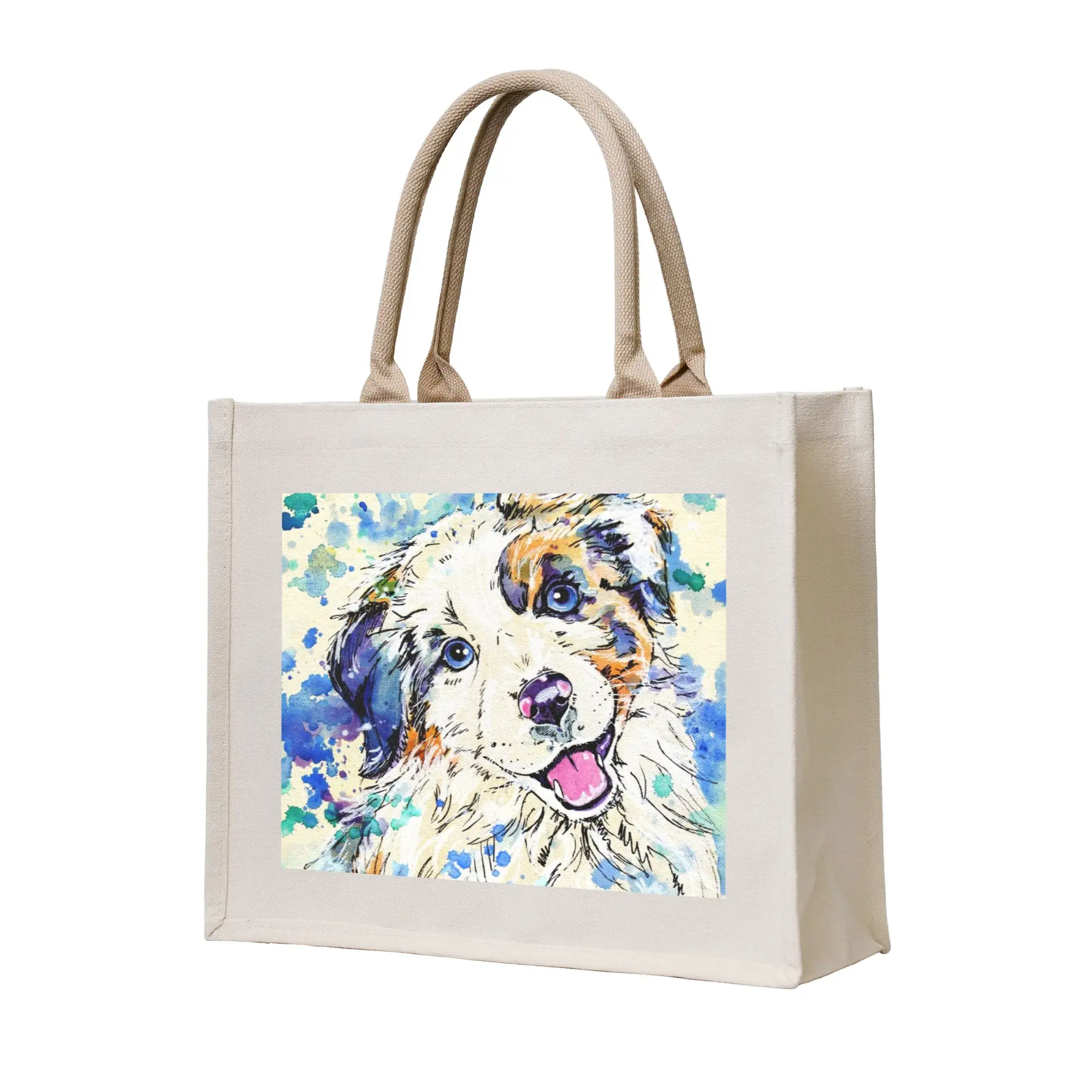 Fashion Australian Shepherd Dog Shopping Tote Bags Portable Collie Puppy Grocery Shopper Shoulder Bag
