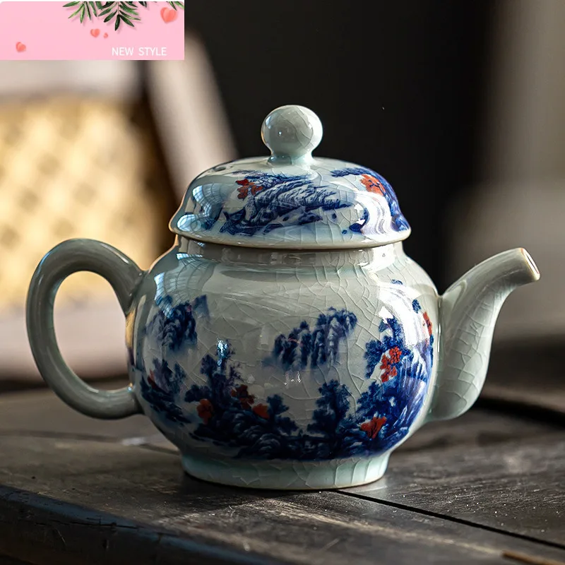 

Античный синий и белый китайский чайник Ruyi, бытовой керамический чайник с ледяной трещиной глазурью, старая глина, один горшок, китайский стиль, чайный сервиз кунг-фу