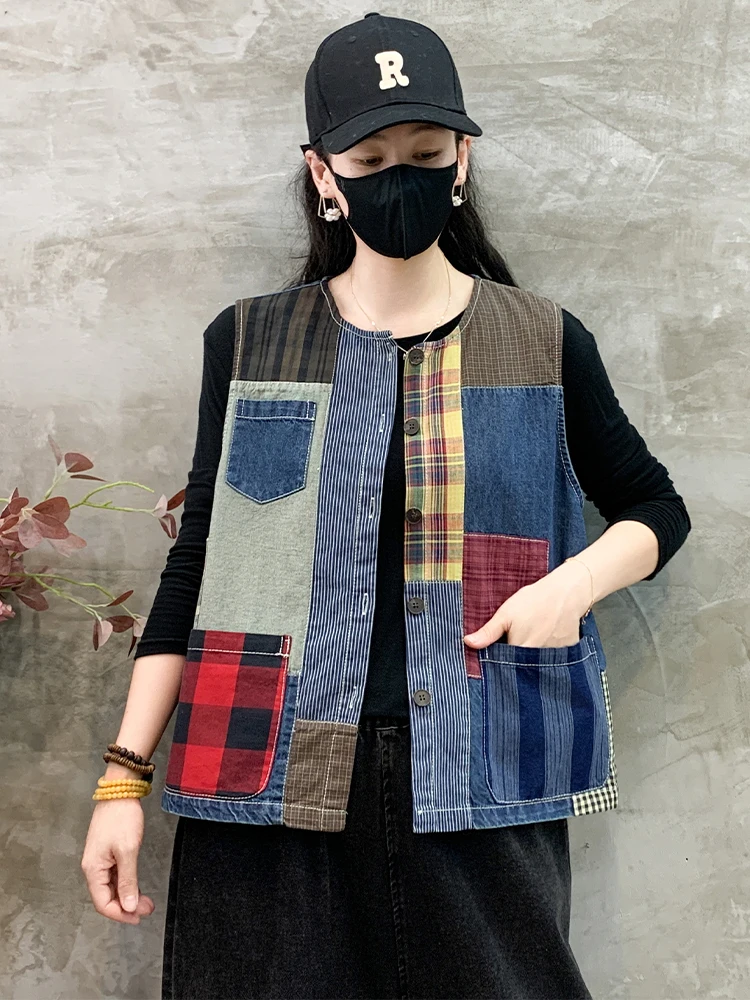 Max LuLu Fashion Autumn Sleeveless Clothes Womens Loose Plaid Denim Vest Classic Printed Coats Ladies Casual Vintage Waistcoats