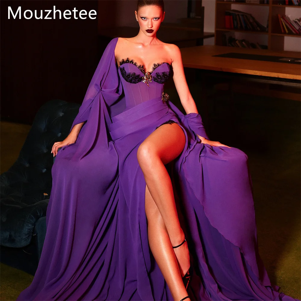 

Mouzhetee A-Line Strapless Lace Sexy Side Split Evening Dresses Formal Dresses for Women Simple Prom Gowns Custom Made