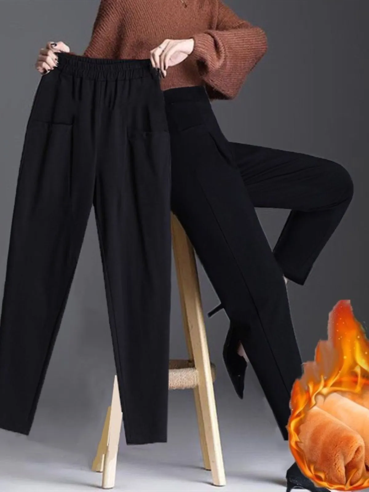 女性の Fce 裏地付きハーランパンツルーズカジュアルハイウエストパンツ韓国 Sle 秋冬新着プラスサイズ