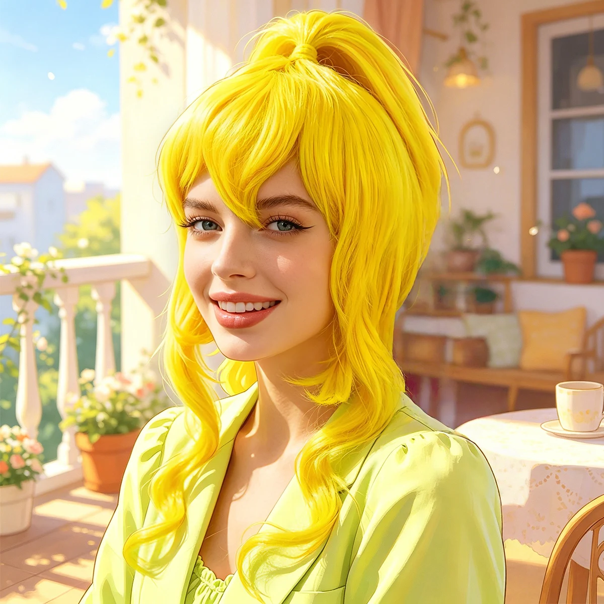 Bright Yellow High Ponytail Bob Synthetic Wig Bangs Anime Girl Halloween Convention Game Cosplay Cute Party Costume Hairpiece