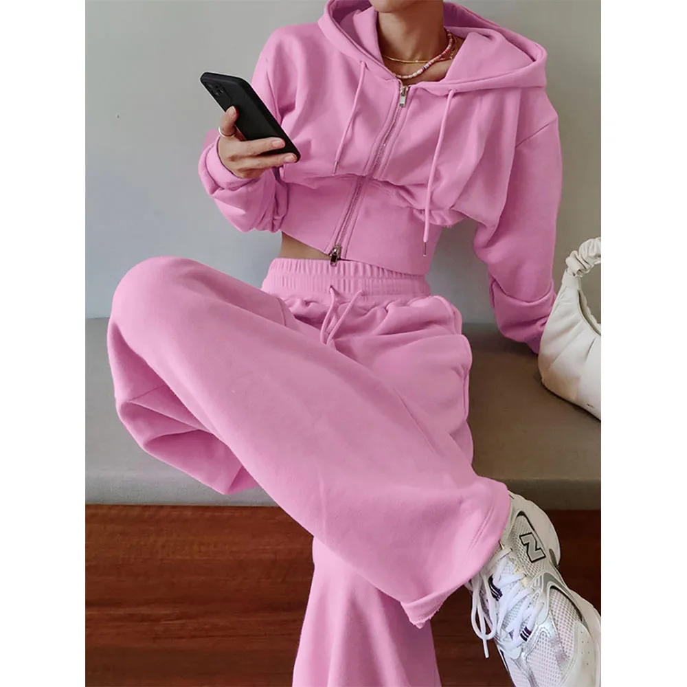 Women\'s Pink Tracksuits Solid Thin Fleece Long Sleeve Hooded Short Jacket+High Waist Wide Leg Pants 2pcs Female Casual Clothing