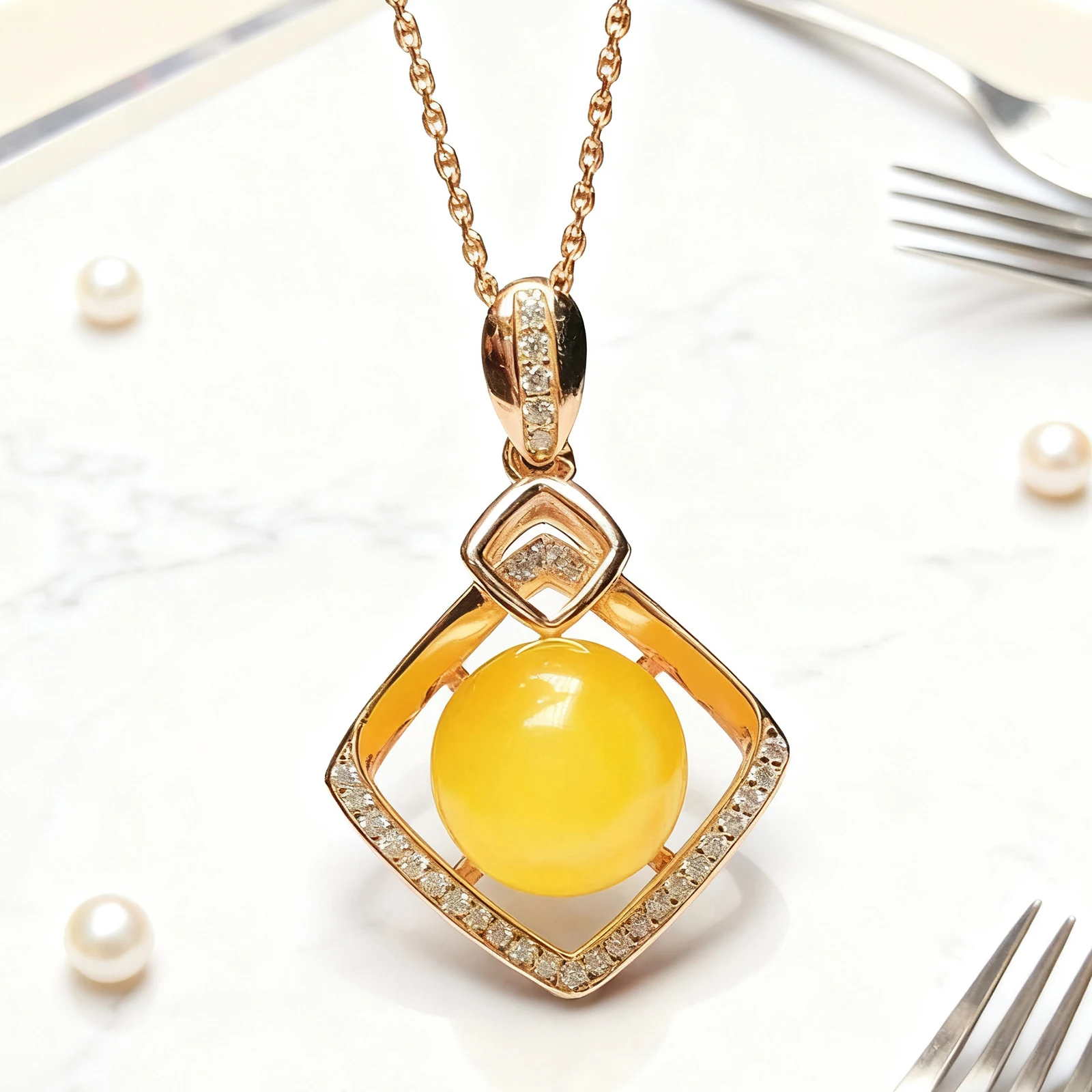 

For Love Geometric Diamond Amber Necklace 11mm Round Bee Wax Pendant Openwork Setting 925 Sterling Silver Valentine's Day Gift