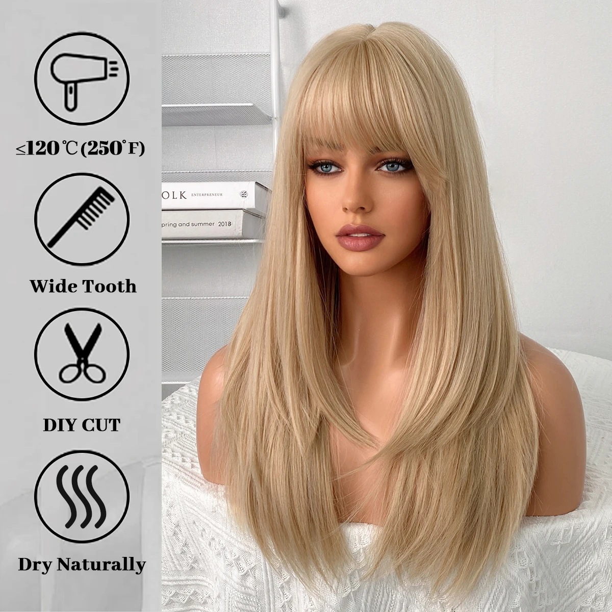 Blonde Synthetic Wigs with Bangs for Woman Long Body Wave Hair Cosplay Lolita Party Natural Heat Resistant Wigs Fiber Daily Hair