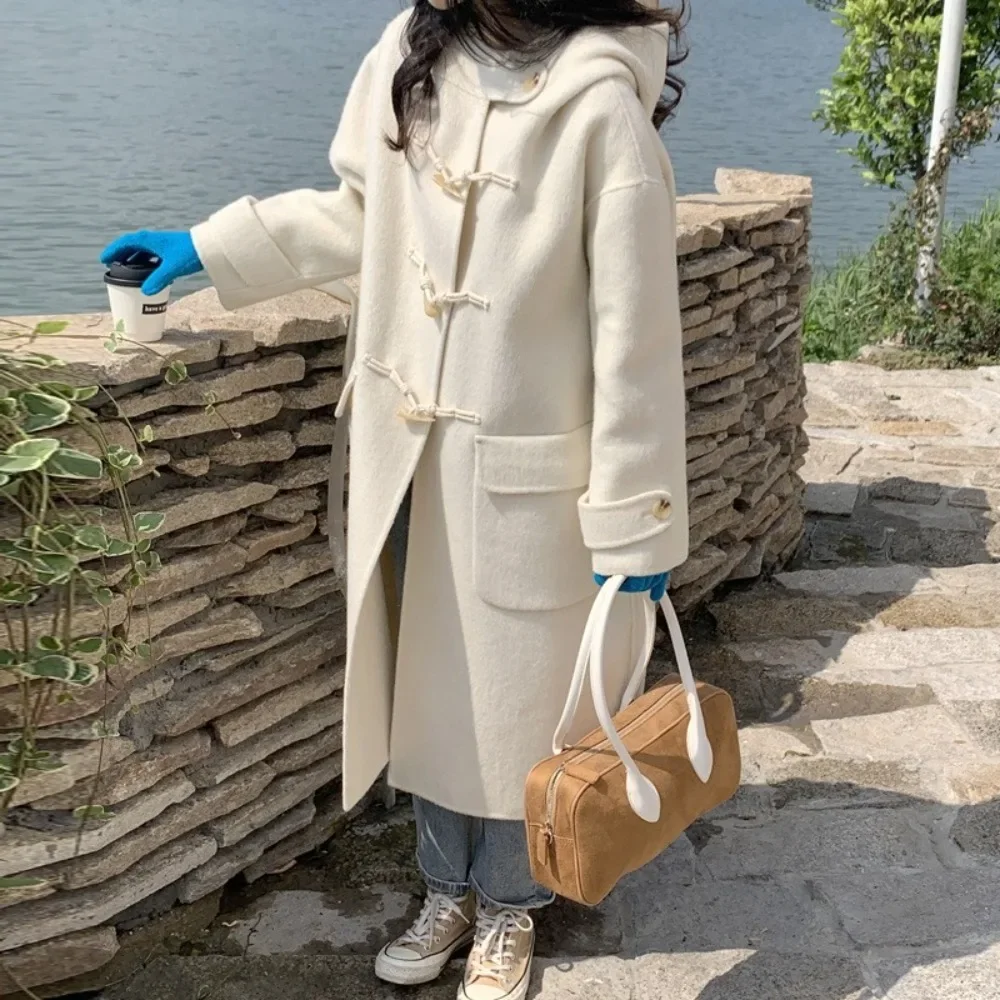 New Loose Horn Button Hooded Fashion Long Sleeve Real Woolen Coat Warm Outerwear Autumn Winter Double-sided Woolen Coat Women