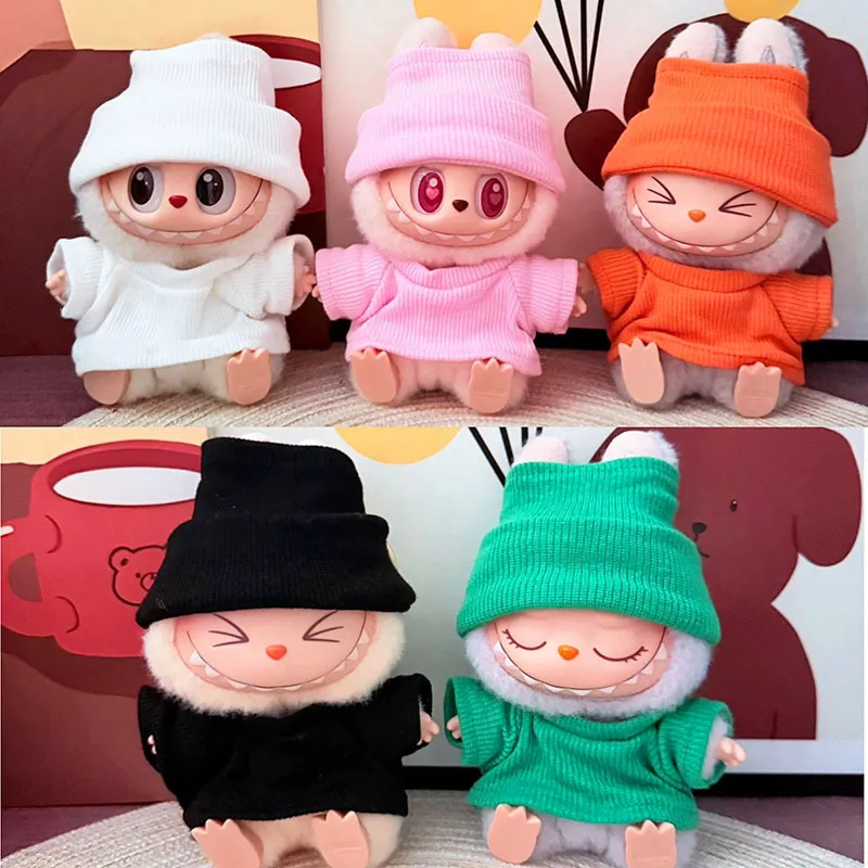 

Clothes For Labubu Doll Hat T-shirt 2-piece Set 1st 2nd 3rd Gen 17cm Labubu Sitting Party Outfit Sitting Party Accessories