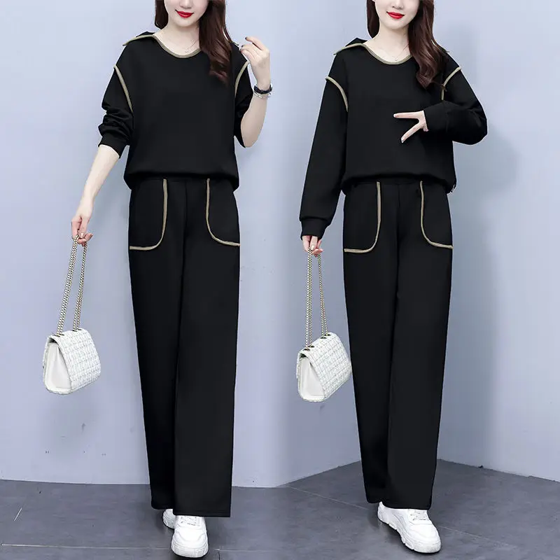 Women's Spring/Autumn New V-neck Solid Splicing Casual Style Sports Suit Versatile Fashion Air Layer Splicing Two Piece Set