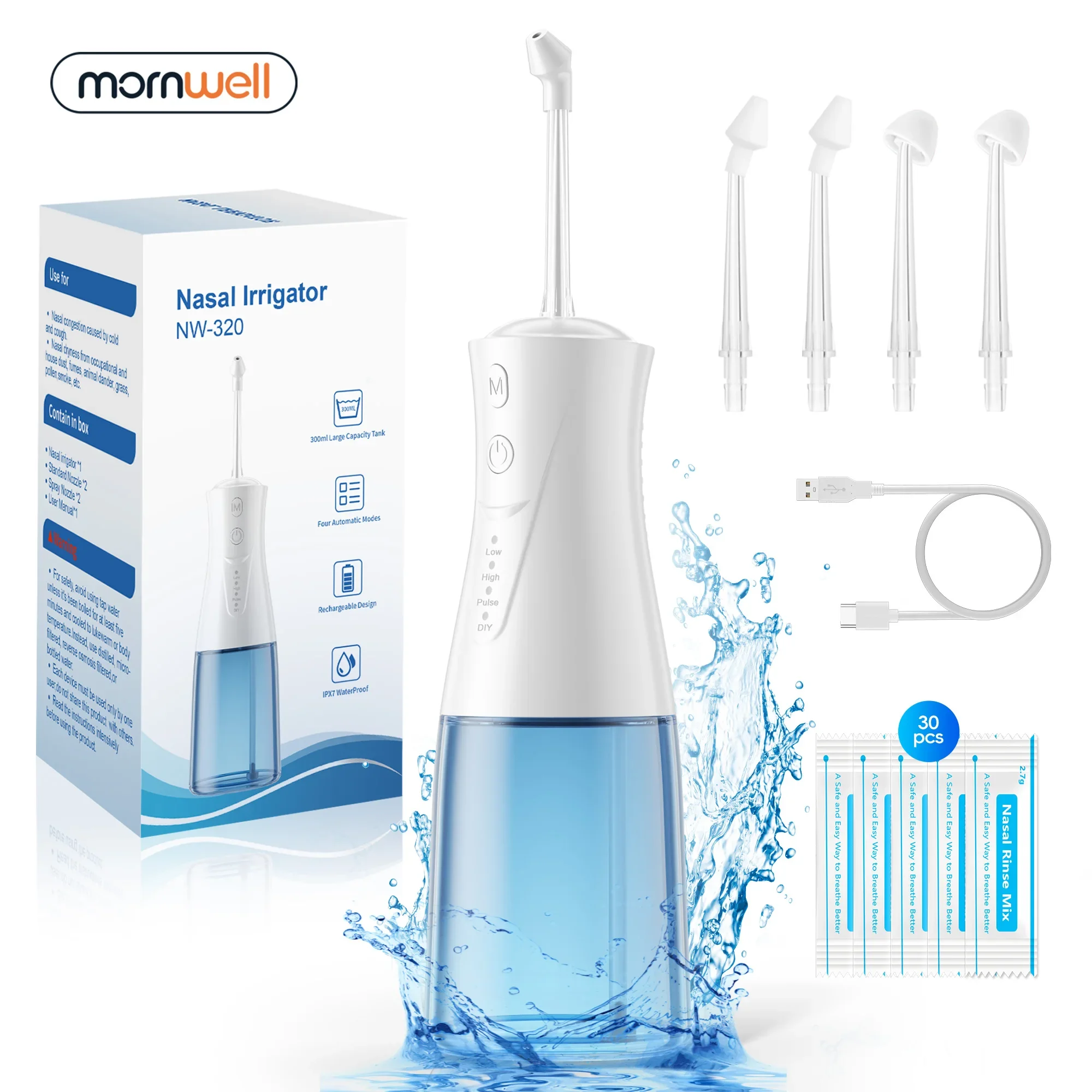 Electric Neti Pot Sinus Rinsing, Nasal Irrigation System Nasal Rinse Bottle Cleaner Kit for Sinus Relief &Care, 30 Salt Packs