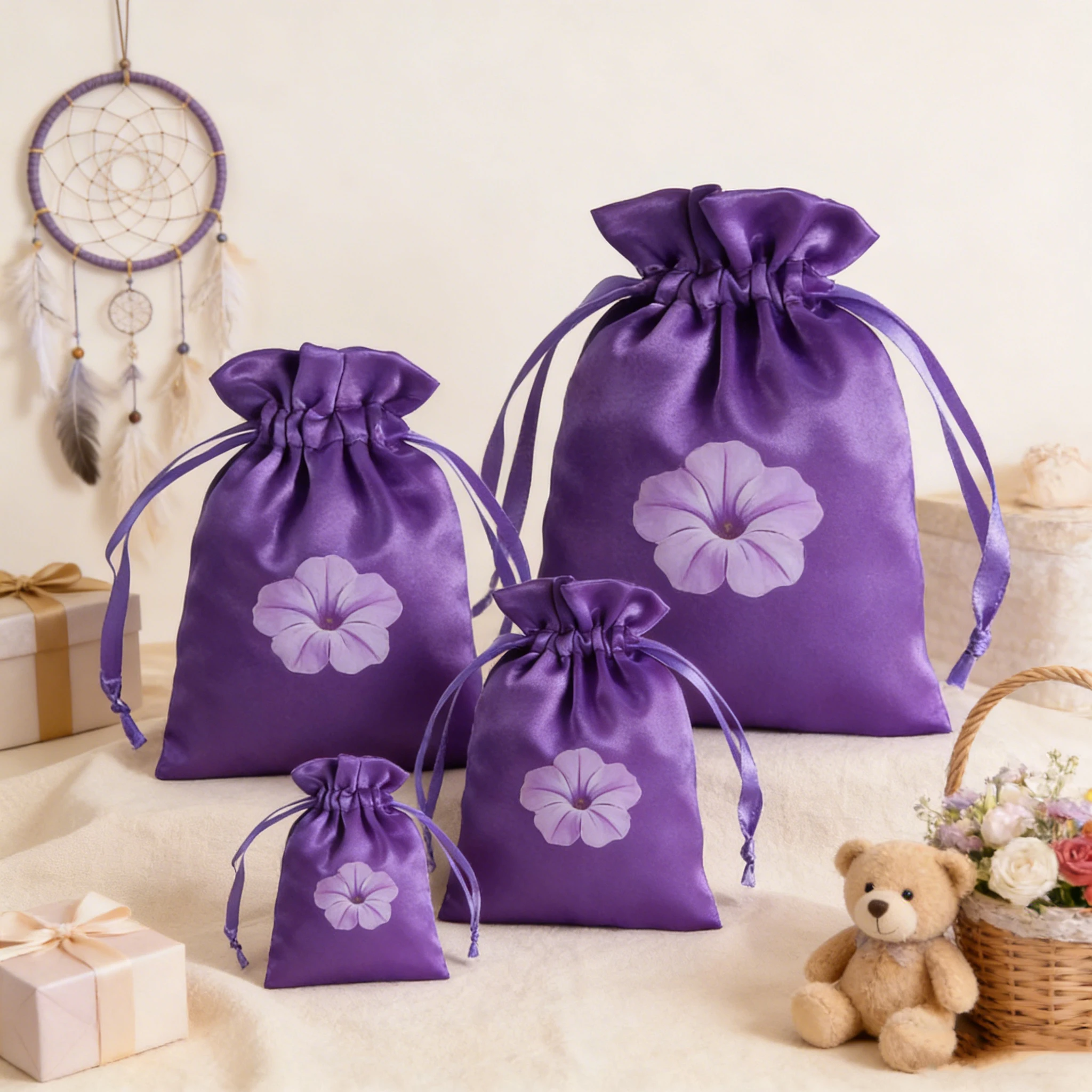 

100 шт. фиолетовых атласных мешочков на шнурке с индивидуальным логотипом для упаковки серег, ювелирных изделий, свадебных подарков, конфет и хранения