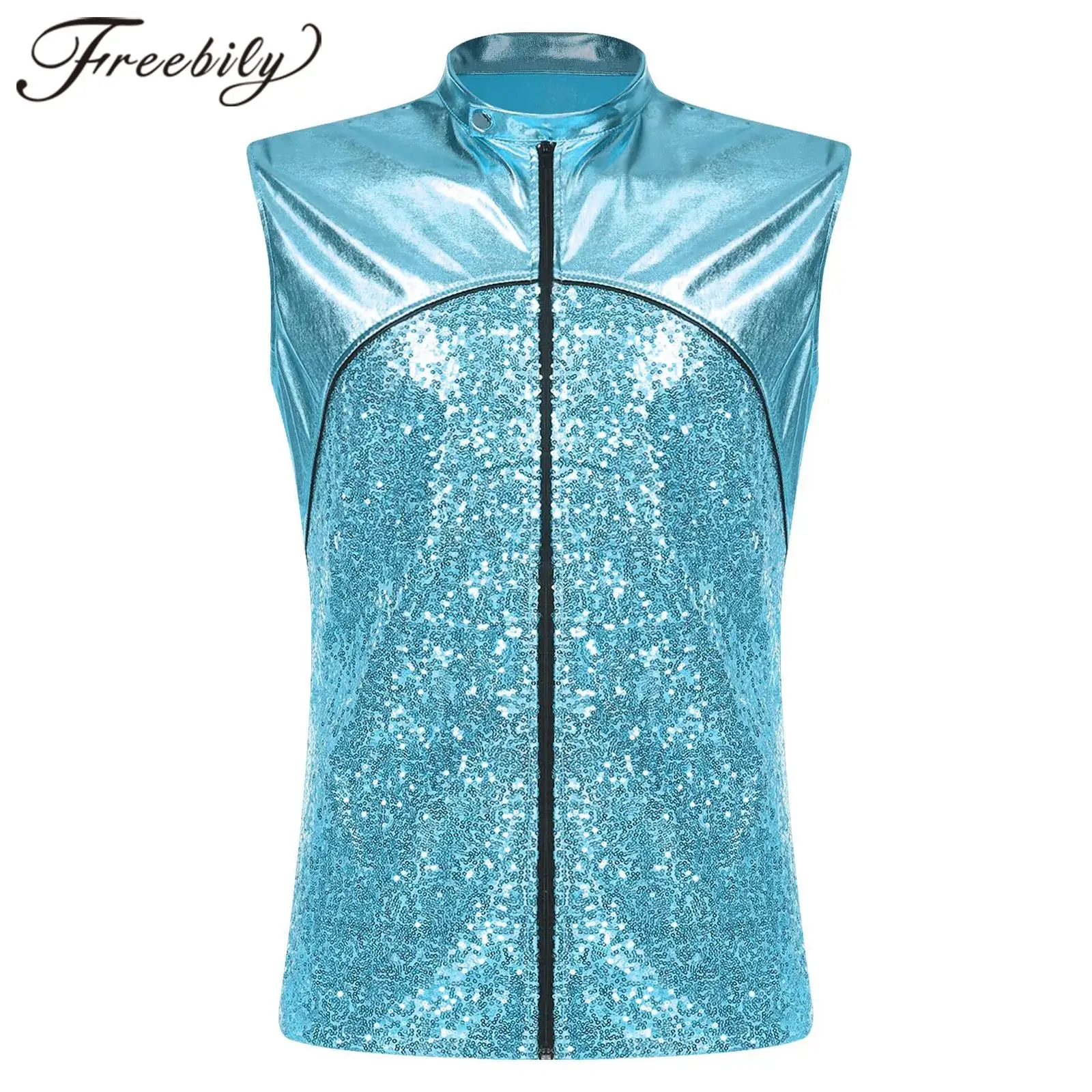 

Mens Glittery Sequins Vests Fashion Rave Clubwear Sleeveless Jacket Metallic Zip-up Vest for Hiphop Music Festival Costume