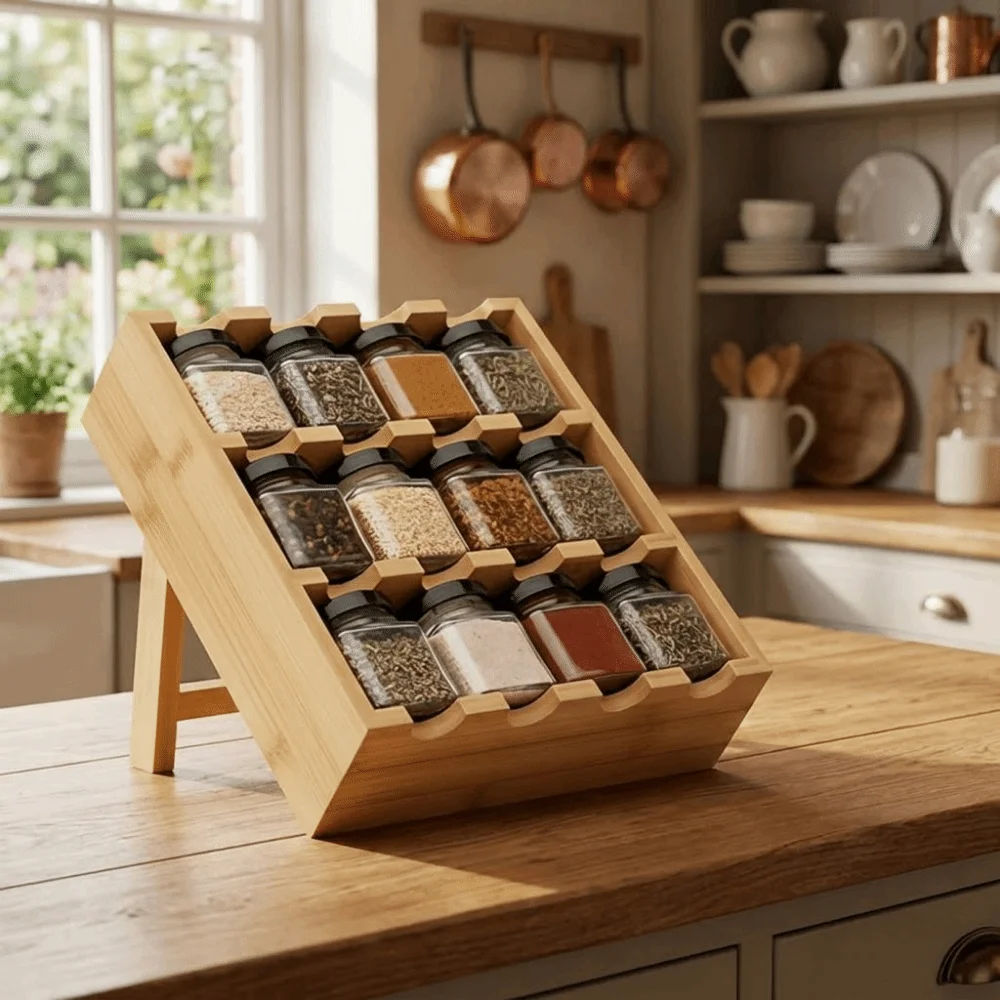 

Wooden 12 Grids Spice Rack Large Capacity Space Saving Multi-Layer Condiment Rack with Storage Jars Spice Organizer For Kitchen