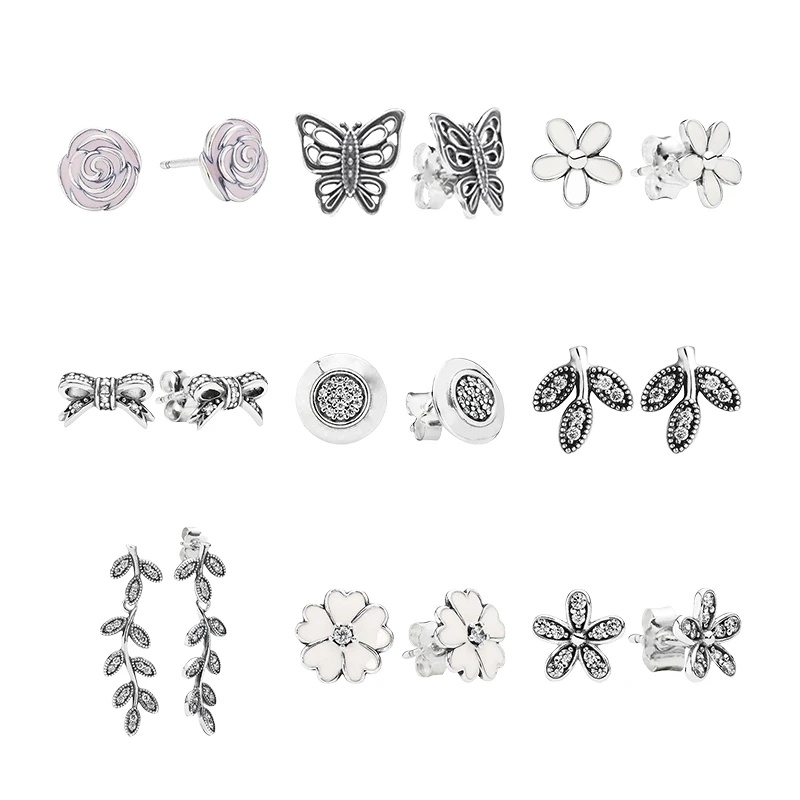 

Silver 925 Original Ear Piercing Studs Earrings For Women Jewelry Zircon Stones Garden Primrose Daisy Flower Butterfly Bow Leaf