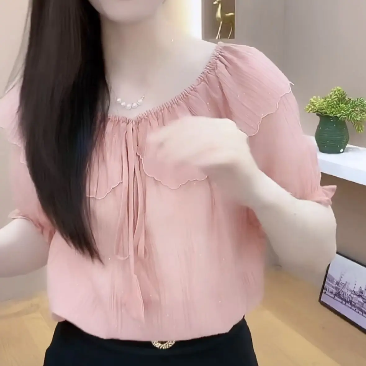 French Sweet Lotus Leaf 2025 เสื้อชีฟองผู้หญิงฤดูร้อนใหม่