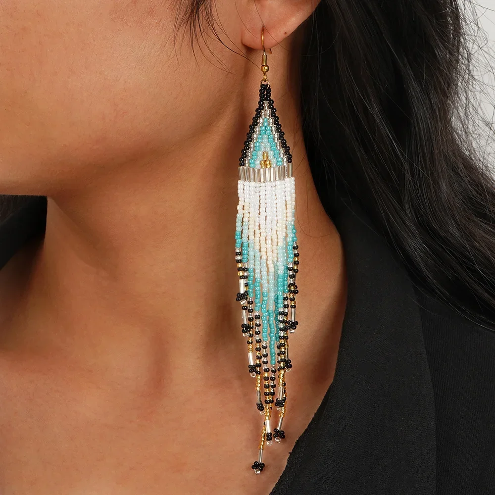 بوهيميا سبيكة مطرز شرابة الأقراط الحياكة اليدوية الهندسة تصميم بسيط الأرز حبة الأصالة الأذن المجوهرات #4