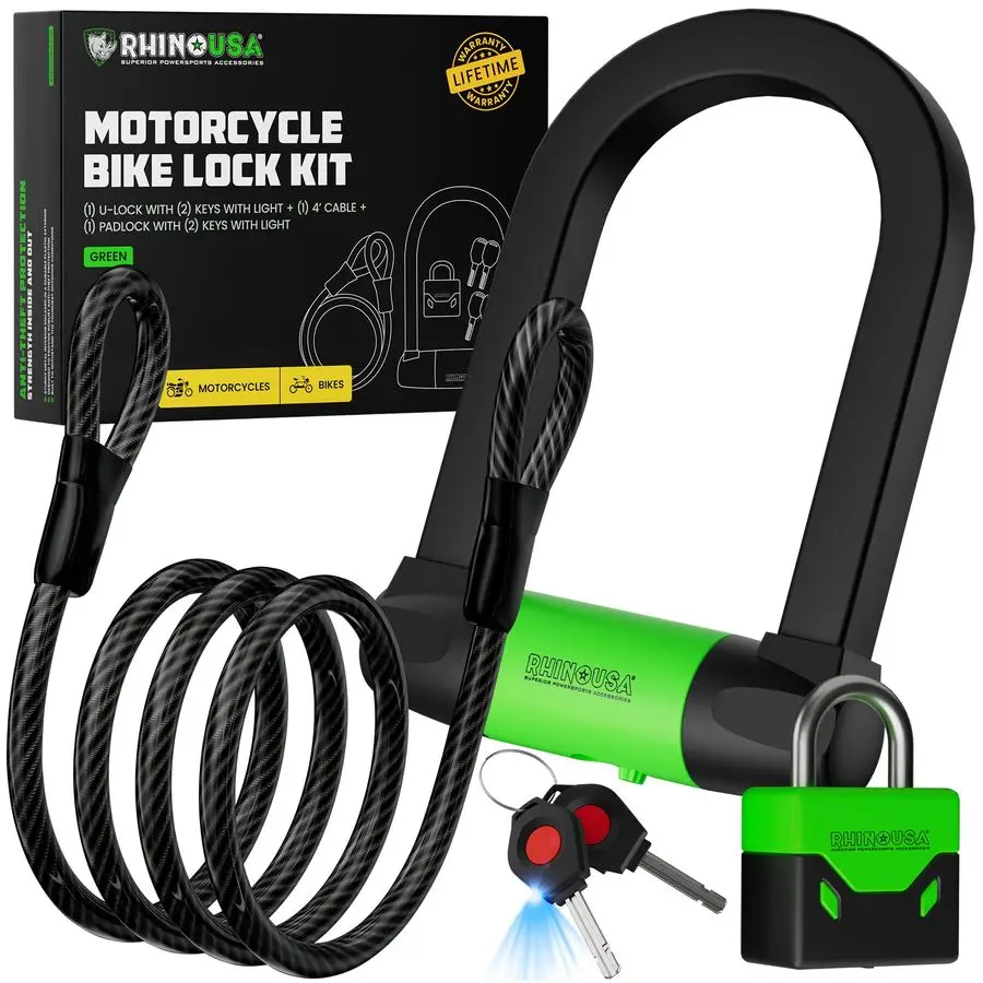 

Bike Lock Set Heavy Duty Anti Theft U Lock, 4FT Steel Security Cable, Padlock, 4 Lighted Keys. Dual Purpose Locks for EBike, Mot