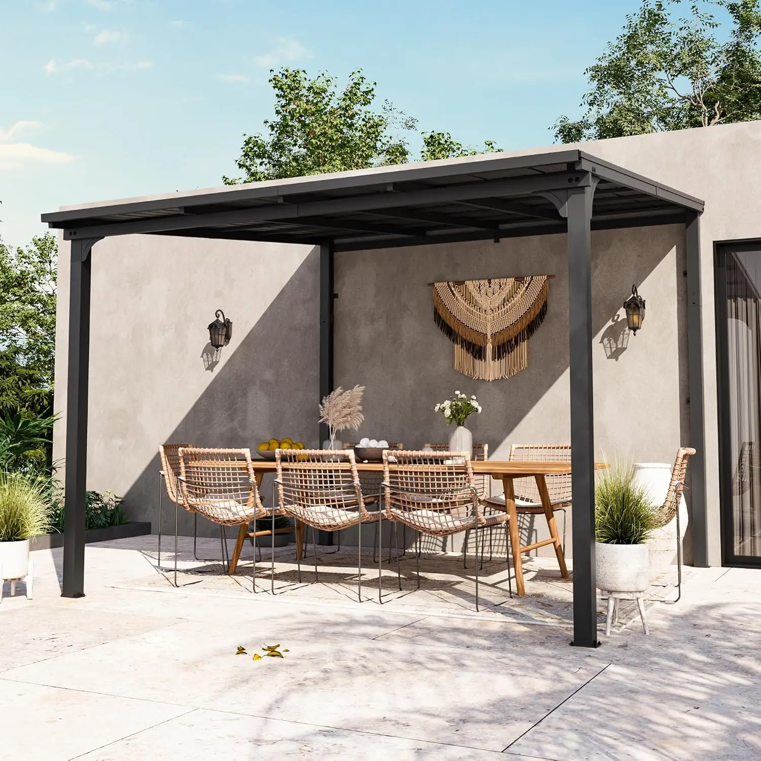 10'x10' Wall Mounted Lean to Gazebo with Steel Roof & Drainage Gutter, Heavy Duty Pergola for Patio Backyard Deck, Customized