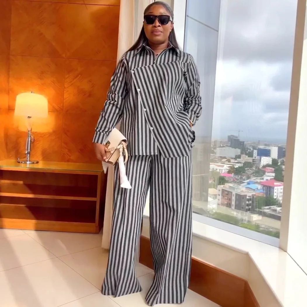 Stiglich Women's Two-piece Outfit: A Loose-fitting Button-down Strip Shirt Paired With Random Long Pants, Creating A Robe