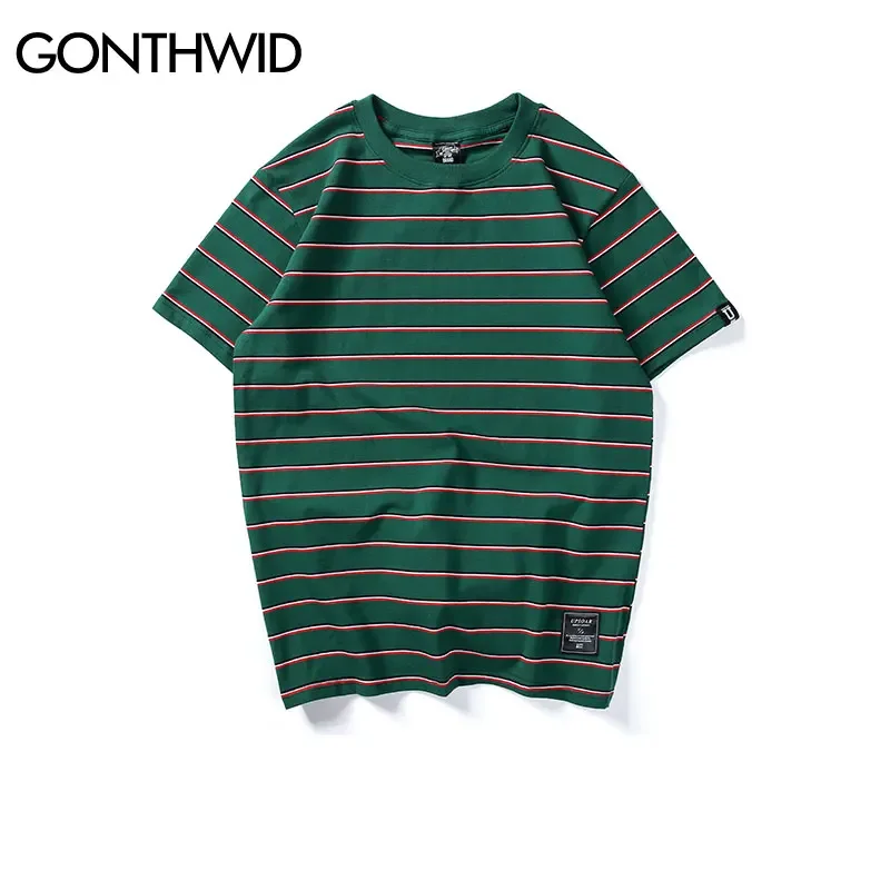 GONTHWID Harajuku Stripe T Shirts Men/Women Hip Hop Casual Cotton Short Sleeve Tops Tees Summer Fashion Tshirts Black Red Pink