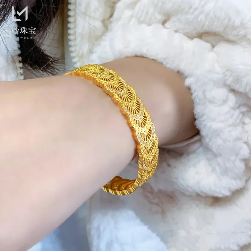 9999 24K real gold phoenix feather silk hollow bracelet wide-face open buckle to send girlfriend gifts to mother on Mother's Day