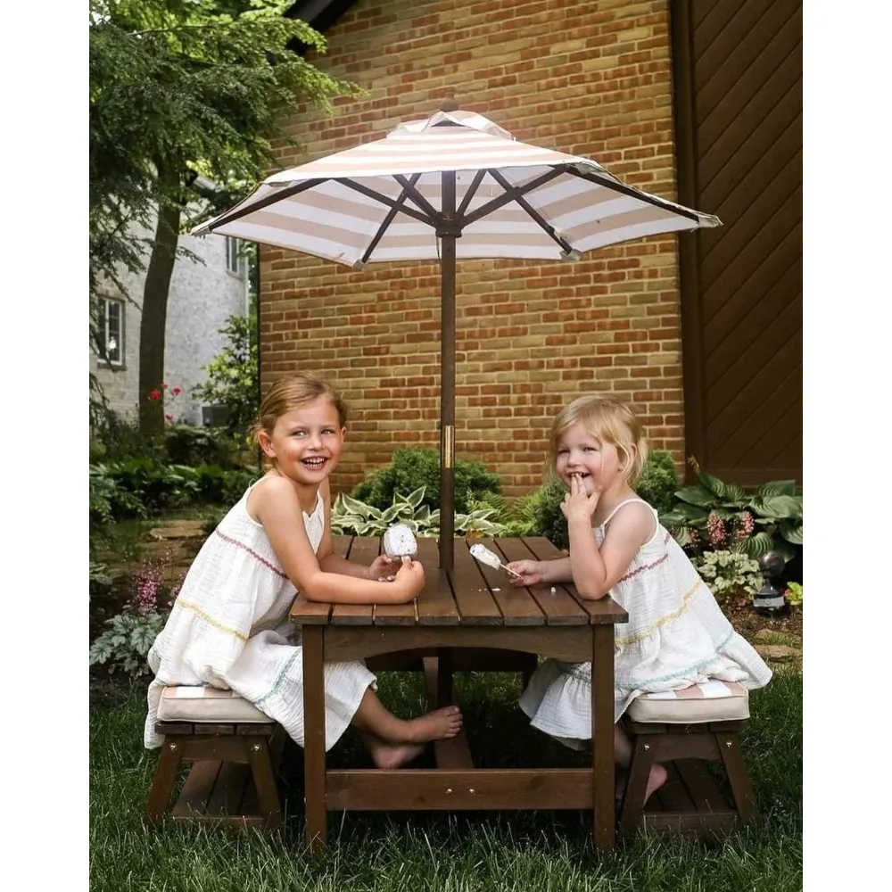 Outdoor Wooden Table & Bench Set with Cushions and Umbrella, Kids Backyard Furniture, Espresso with Oatmeal and White Stripe