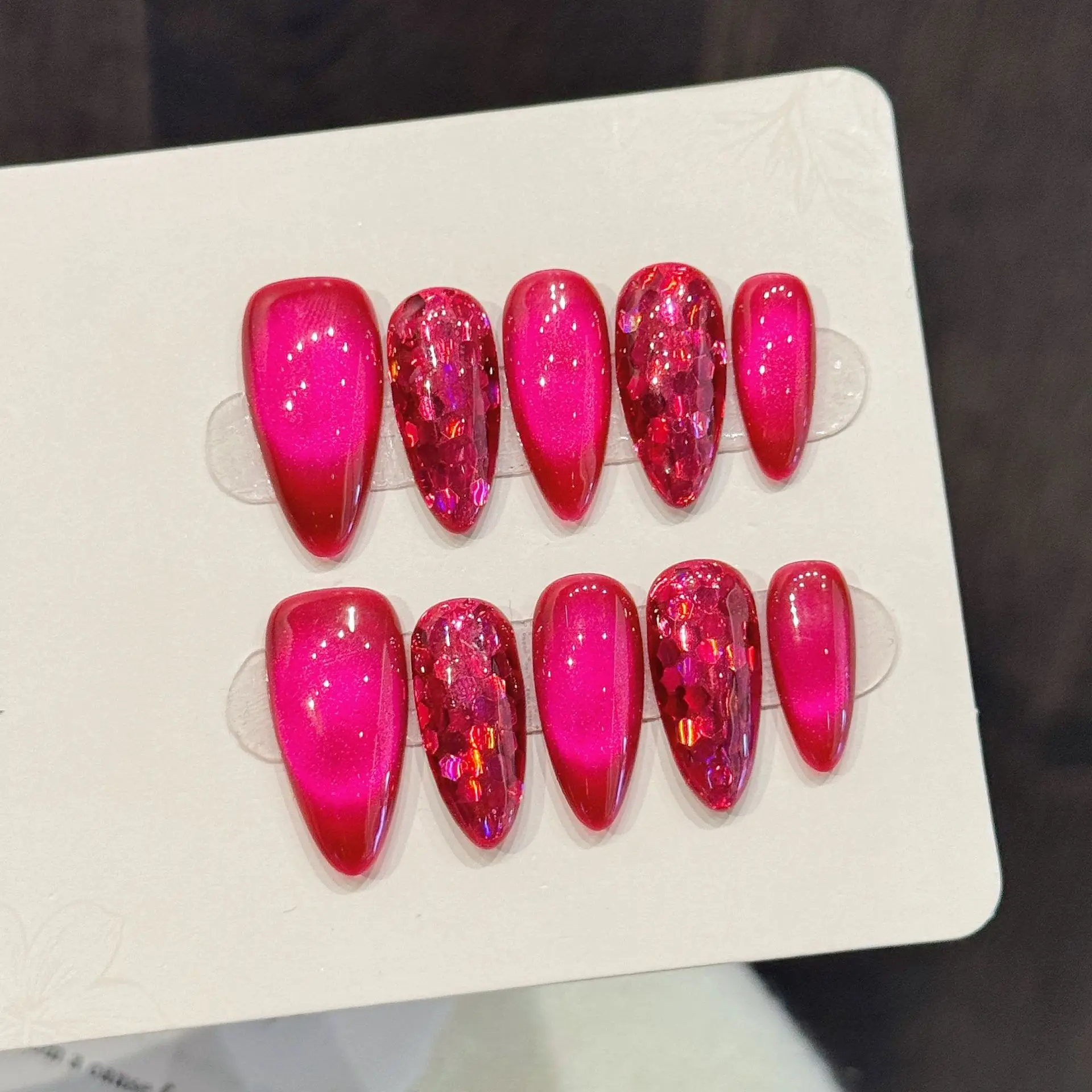 

10 PCS Luxury Handmade Press on Nails Almond Rose cat's eye Design with 3-PIECE Tool Adhesive Nail Glue Tabs