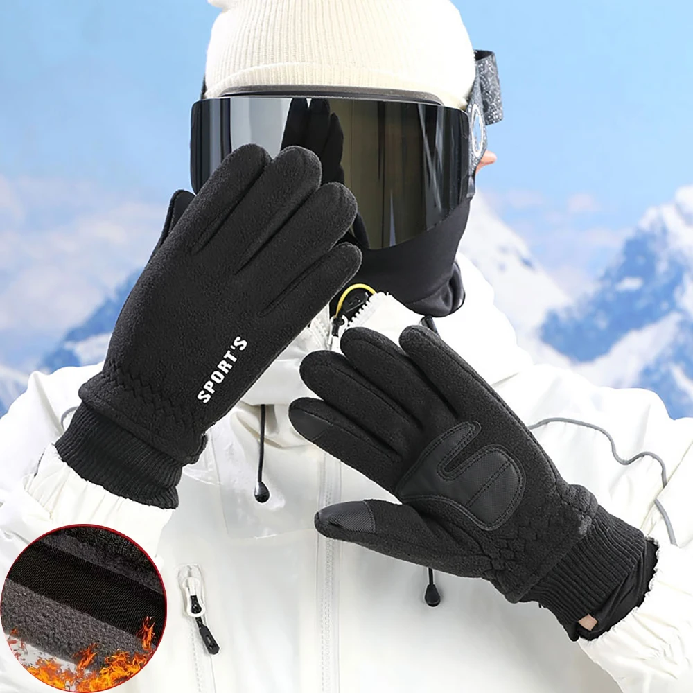 Winter Warm Thick Polar Fleece Ski Gloves Men Women Touch Screen Waterproof Outdoor Cycling Sports Driving Non-slip Black Glove