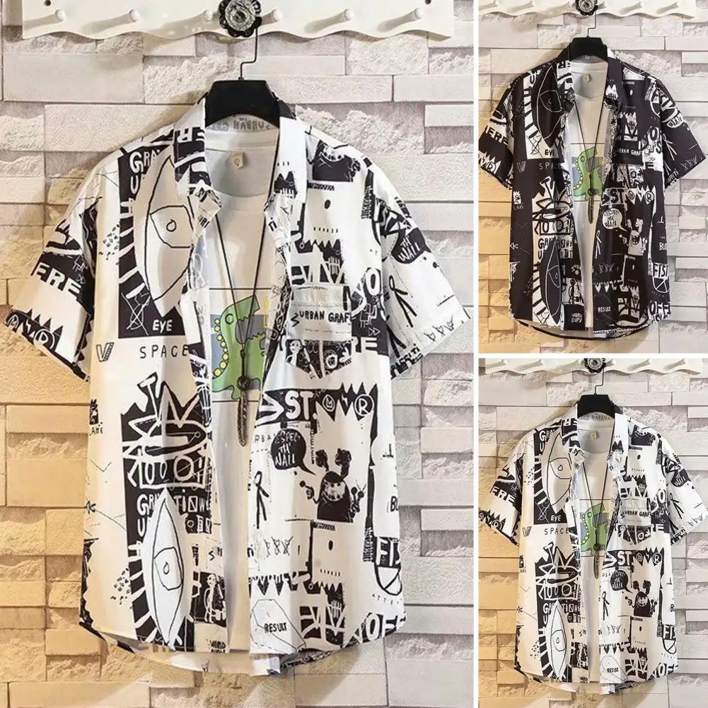 

Men's Short Sleeve Hawaiian Shirt Lapel Casual And Floral Patch Pocket Men Shirt Summer Casual Graffiti Printed Shirt Streetwear