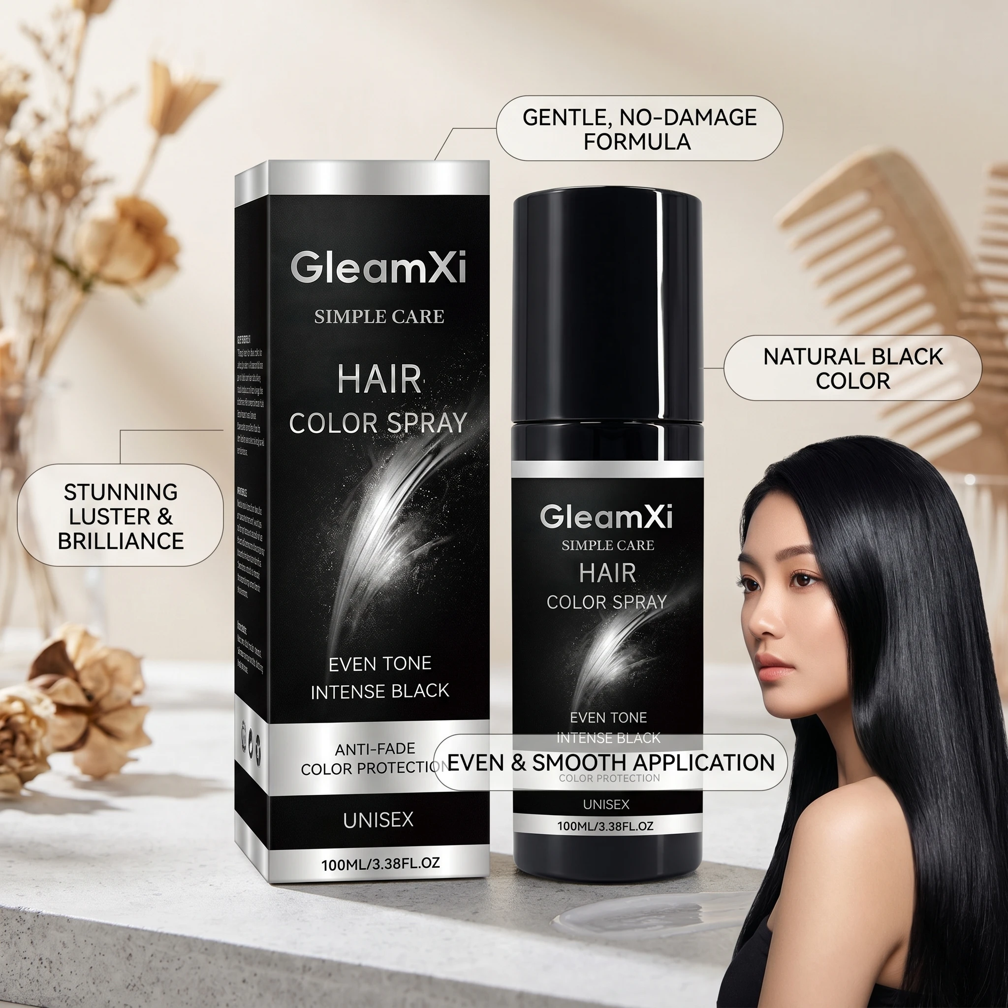 Gleamxi Hair Color Spray Lasting Bright Color Even Tone Anti-Fading Quick Drying Hairdressing Product Black Hair Dye Spray 100ml