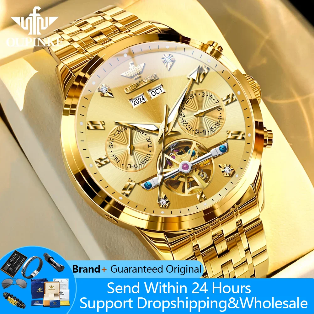 

OUPINKE 3248 часы для мужчин с сапфировым зеркалом, роскошные механические мужские часы с полым календарем, 50 м, водонепроницаемые мужские автоматические наручные часы