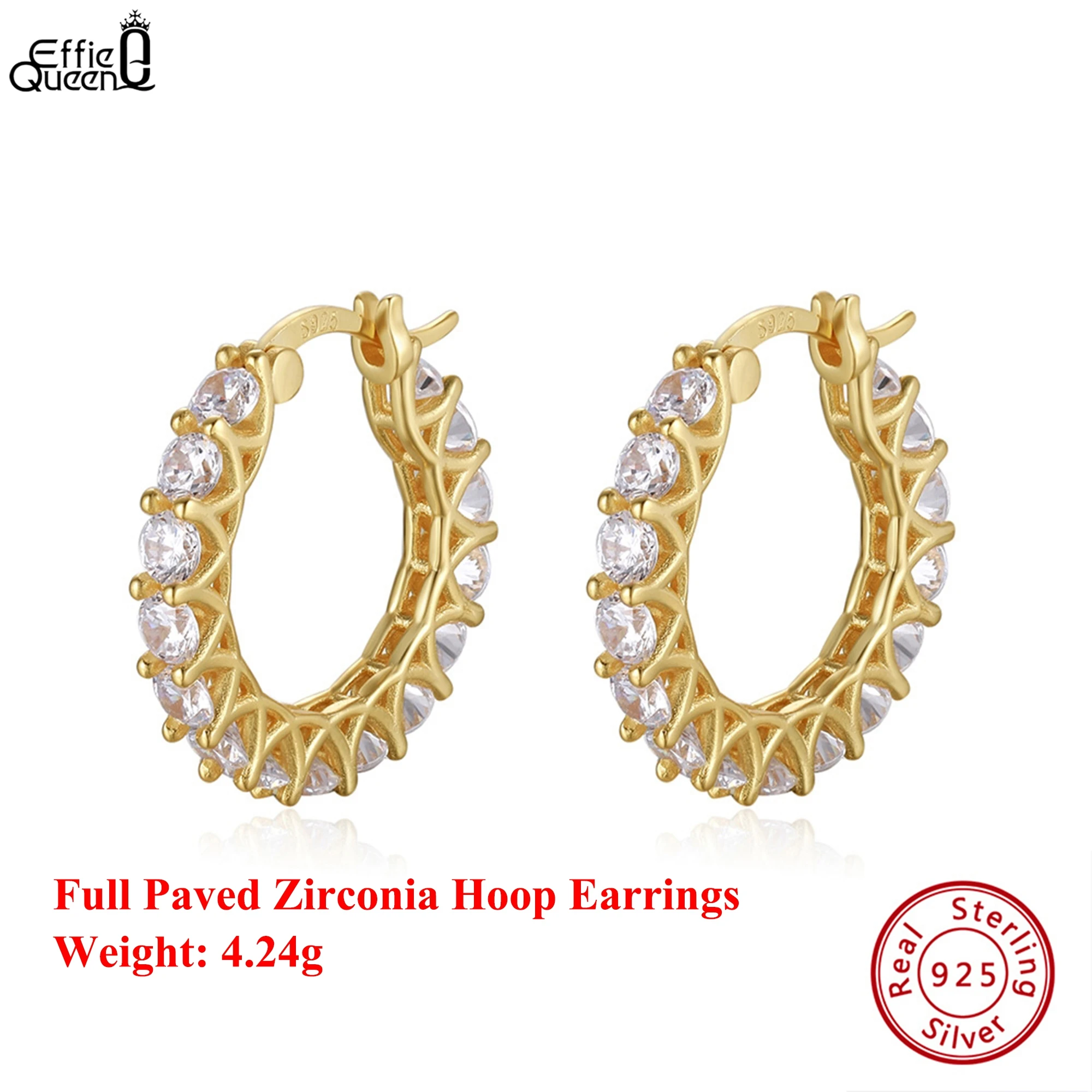 

Effie Queen S925 Серебро 14-каратного золота с цирконием, серьги-кольца, аксессуары для ушей, банкетные украшения для женщин, серьги-капли SE393