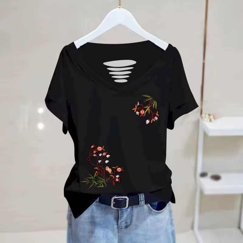 98% Cotton T Shirts Women High-grade Niche Back Hole T-shirt Casual Temperament Print Short Sleeve V-neck Top Summer Thin Tshirt