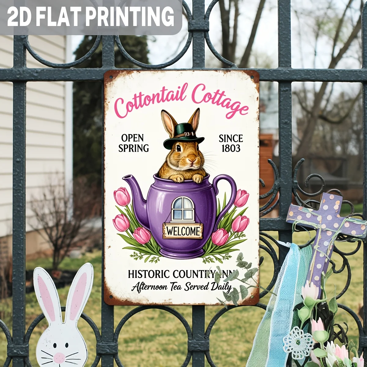 2D Flat, 2D Flat,1pc,Cottontail Cottage Metal Tin Sign Historic Country Inn Afternoon Tea Retro Bunny Rabbit Vintage Art Sign fo
