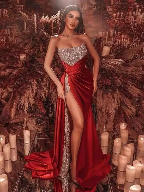 

Сексуальное женское вечернее платье макси с бисером и разрезом, с открытыми плечами, современный фасон, на все сезоны, из полиэстера