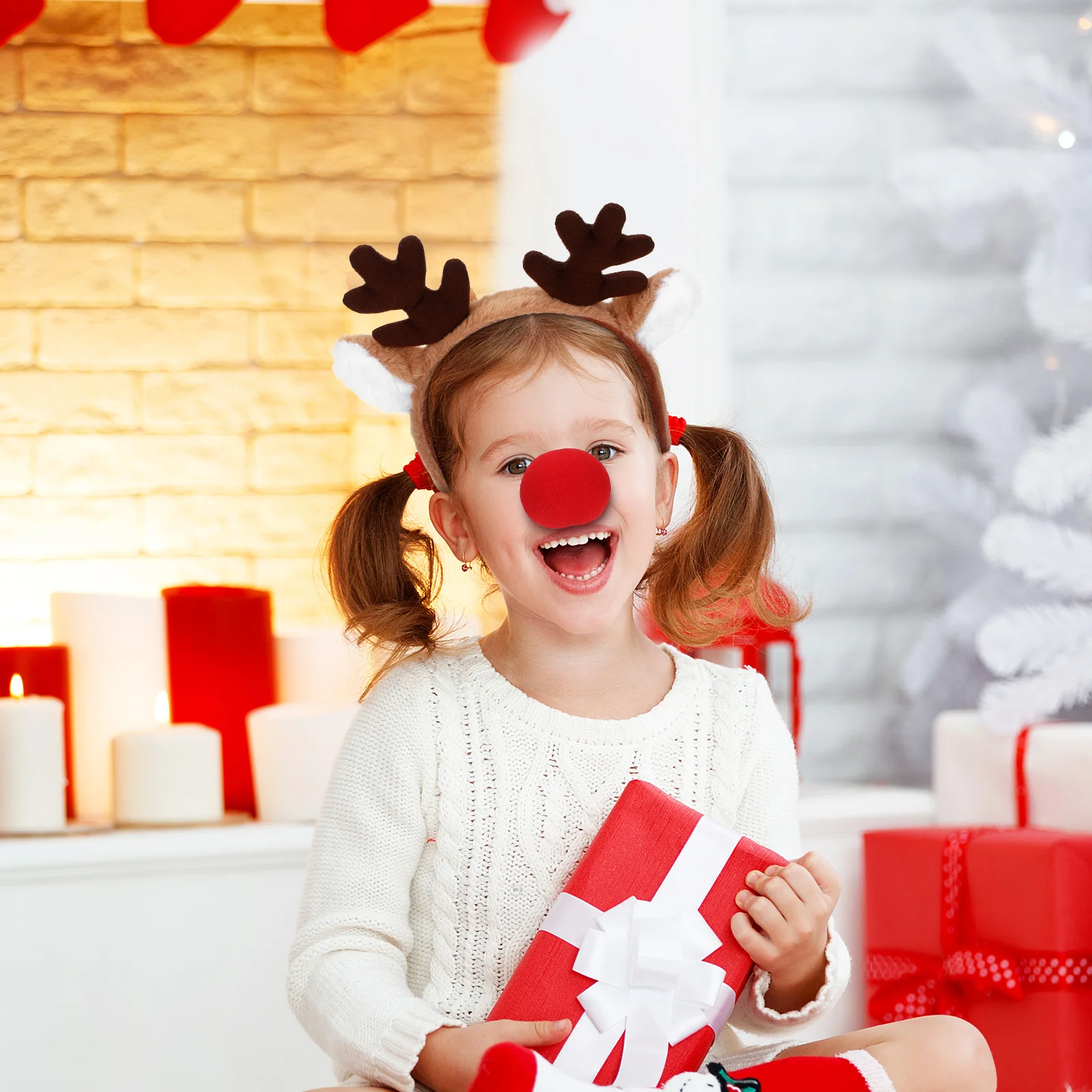 

2 Pcs Christmas Deer Headband Women Reindeer Antlers Hair Accessory with Glowing Nose for Holiday Party Fancy Dress Up Fun