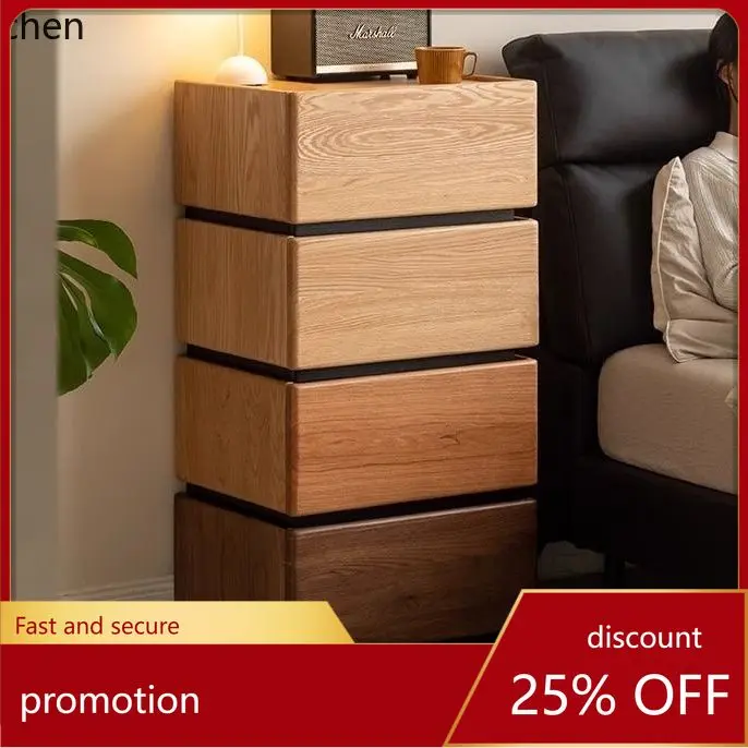 PYH Cherry Wood Bedside Table Combination Chest of Drawers Bedroom Bedside Table Storage Cabinet with Card Slots