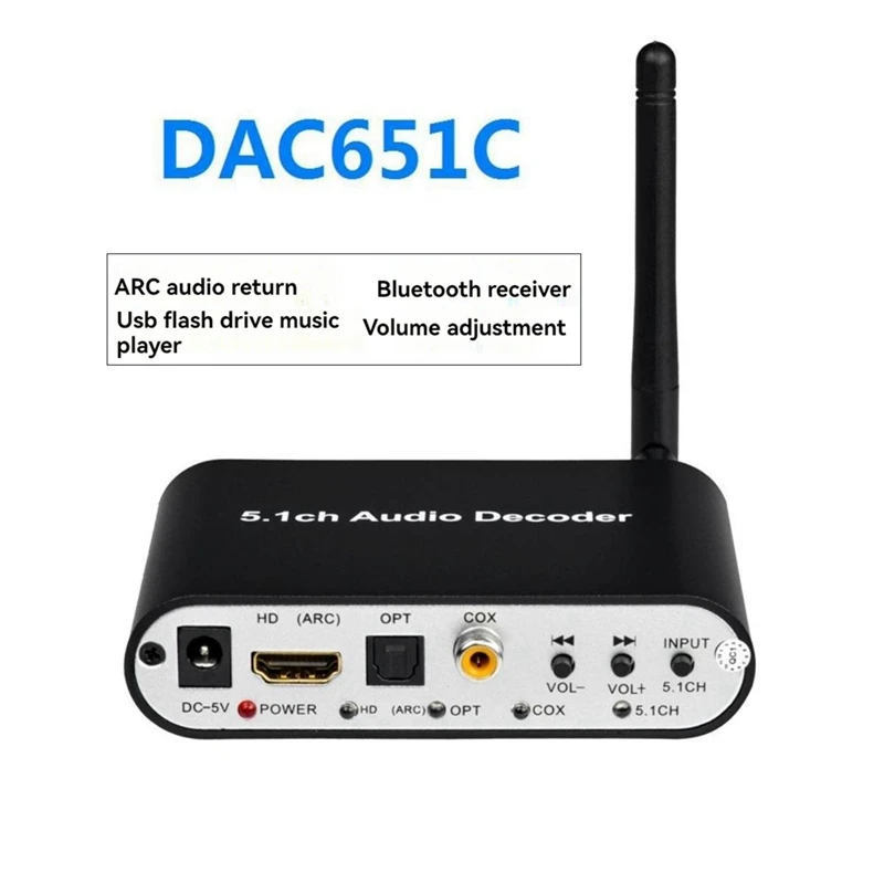 DAC651C 5.1 Audio Decoder Bluetooth 5.0 Receiver DTS AC3 FLAC APE HD to Compatible Extractor Converter EU Plug-ELEC