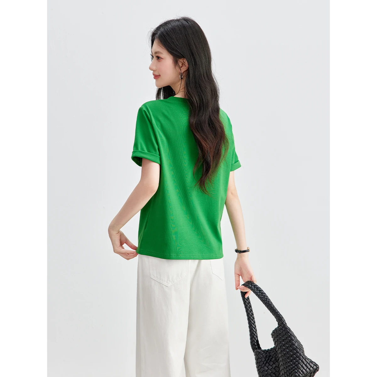 VIMLY Minimalist Casual V-Neck Short Sleeve Tee Ladies Summer 2026 Fashion Rolled Cuff Commuter Solid Versatile Top Women A6296