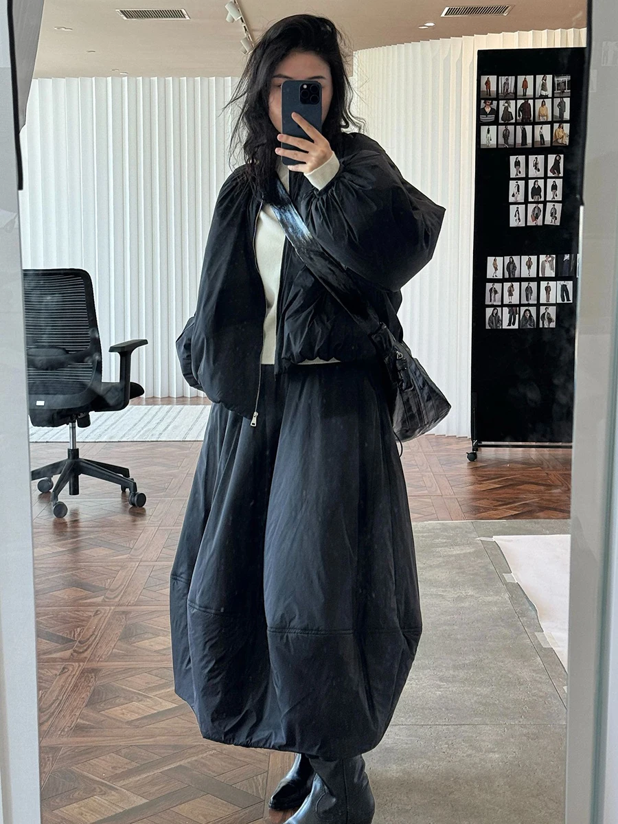 LIMO Women  Cotton Padded Coat And Long Skirt Set Loose Warm Winter Two Piece Outfit Casual Suit