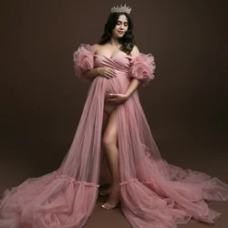 Pink Sweetheart Photography Props  Off The Shoulder Maternity Gowns Women Ruffles Pleat Short Sleeves Vestidos Babyshower Gowns